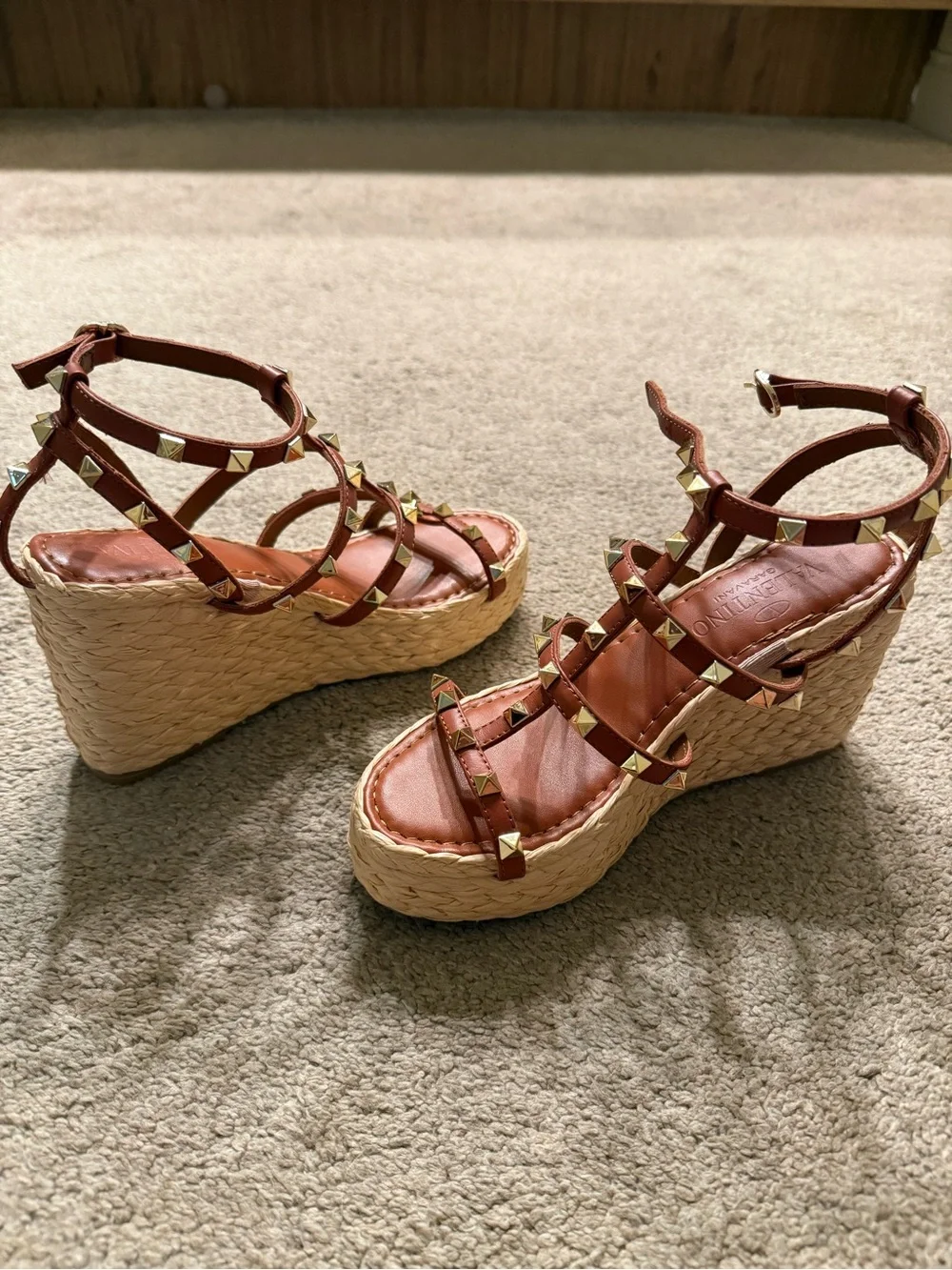 Valentino Tan Rockstud Espadrille Wedge Sandals